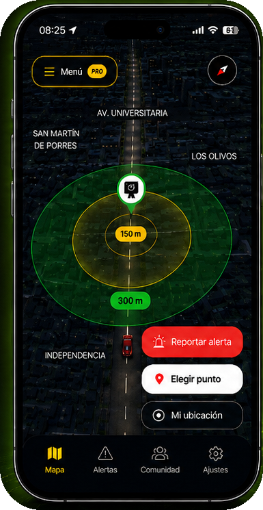 Aplicativo Alertas Lima con mapa 3D, cámara cercana y auto aproximándose